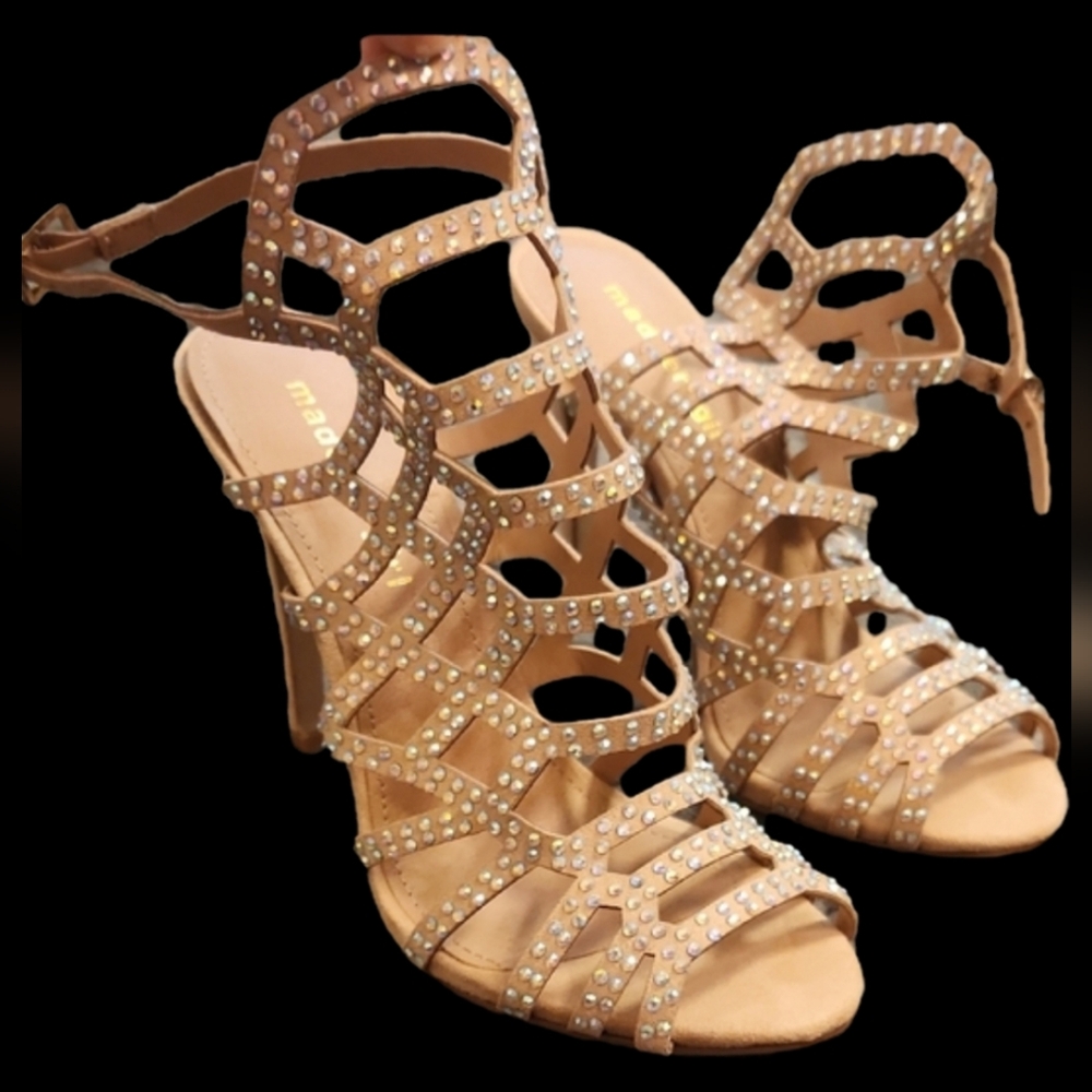 Madden Girl Tan Rhinestone Strappy Heels - Picture 3 of 16